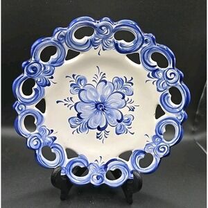Vintage Vestal Alcobaca Blue and White Reticulated Slotted Plate Portugal #601